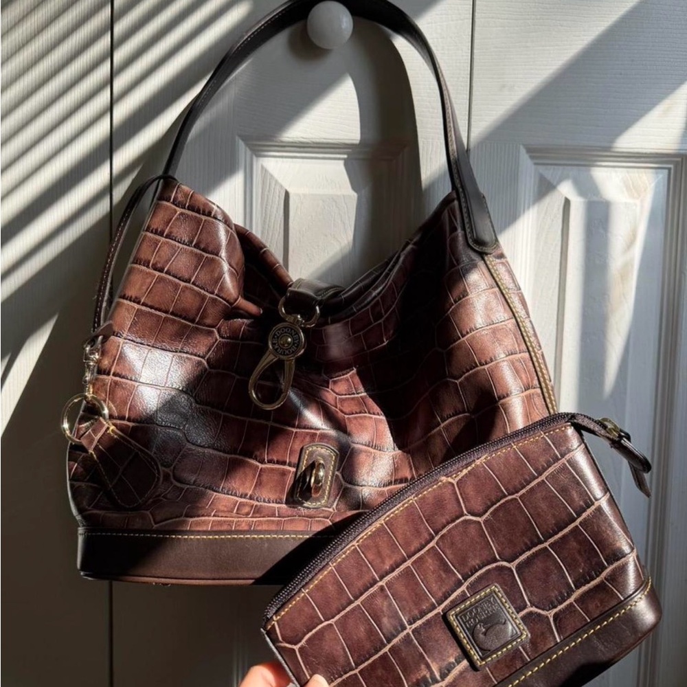 Dooney & Bourke Brown Croc-Embossed Hobo Shoulder Bag with Pouch
